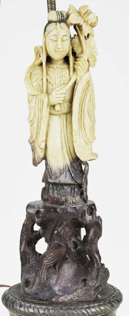 early 20th c Chinese hardstone figure/ table lamp, ht (1 of 4)