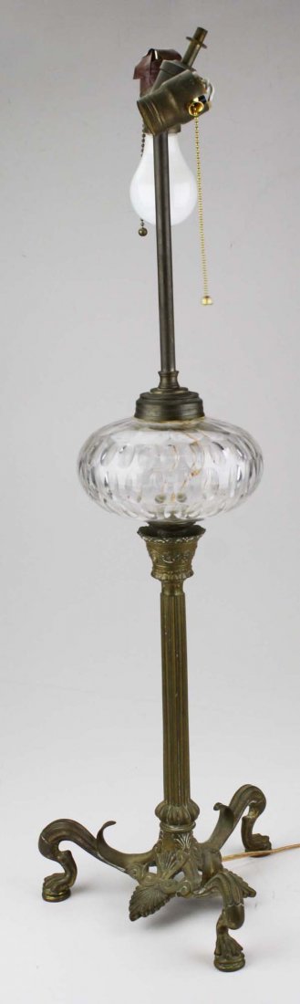 late 19th c brass based fluid lamp on claw feet, ht (1 of 3)