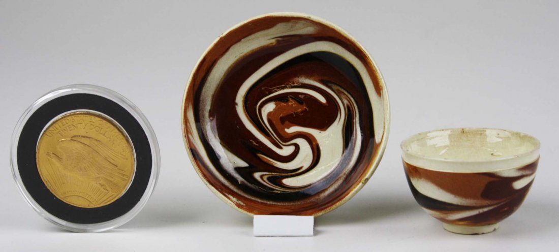 rare 18th c miniature mocha ware tea bowl & saucer with: rare 18th c miniature mocha ware tea bowl & saucer with tobacco leaf decoration, dias 1.75”, 2.75”, Dr Oliver Eastman collection, Eldred & Co Sept 10, 1966- lot #274, ex Clifford Harrington collec