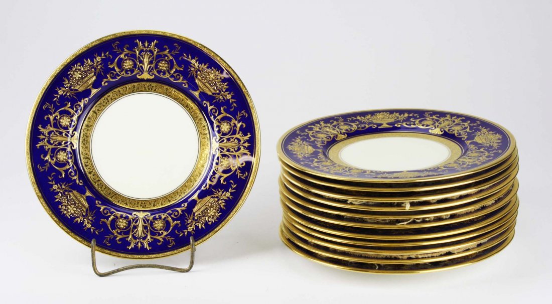 set of 12 Minton for Tiffany & Co. Embossed and raised: set of 12 Minton for Tiffany & Co. Embossed and raised gilt enamel cobalt band luncheon plates dia. 9"