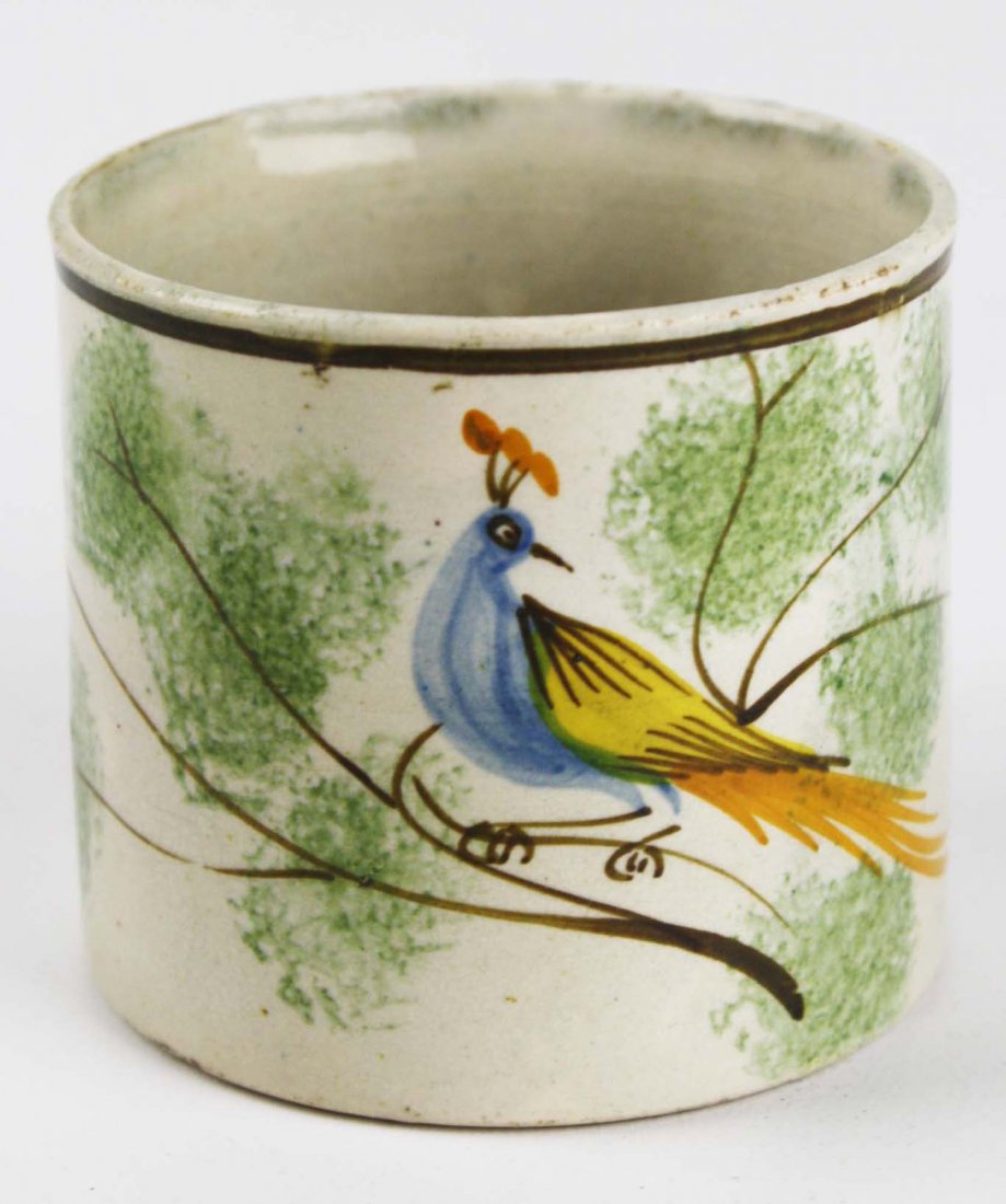 rare early 19th c spatterware cup with peafowl: rare early 19th c spatterware cup with peafowl decoration, dia 2.75”, ht 2.5”, Dr Oliver Eastman collection, Duane Merrill & Co auction Sept 1, 1975- ex Sterling Emerson collection,undamaged