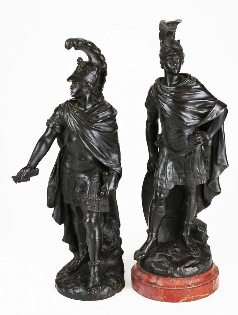 late 19th c pr of cast bronze soldiers signed Drouot: late 19th c pr of cast bronze soldiers signed Drouot (Edouard Drouot French 1859-1945), ht 16.5”, 17”