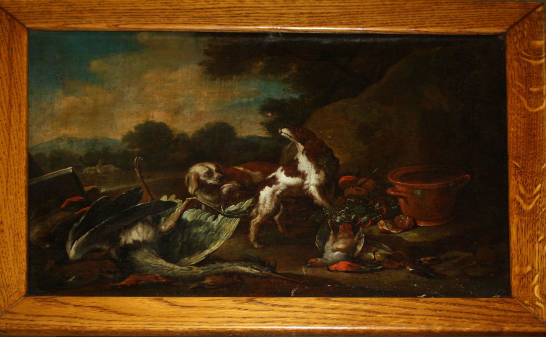 18th c European School hunting scene of setters with: 18th c European School hunting scene of setters with game birds. 12 x 16" old relining o/c unsigned