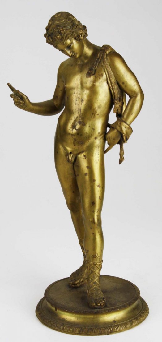 late 19th c cast bronze figure of Narcissus cast by the: late 19th c cast bronze figure of Narcissus cast by the M Amodio Foundry, Naploli, ht 16”