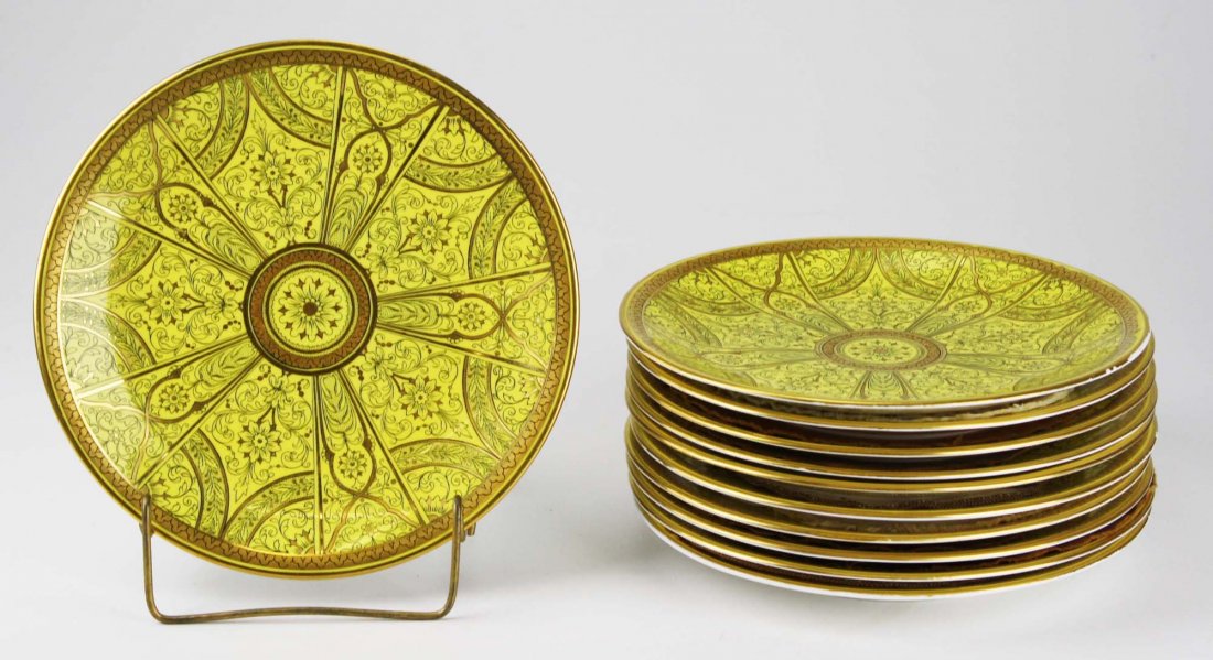 set of 11 late 19th c. Royal Worcester exquisite gilt: set of 11 late 19th c. Royal Worcester exquisite gilt and transfer decorated porcelain Victorian luncheon plates 9" -some wear to gilding on rims