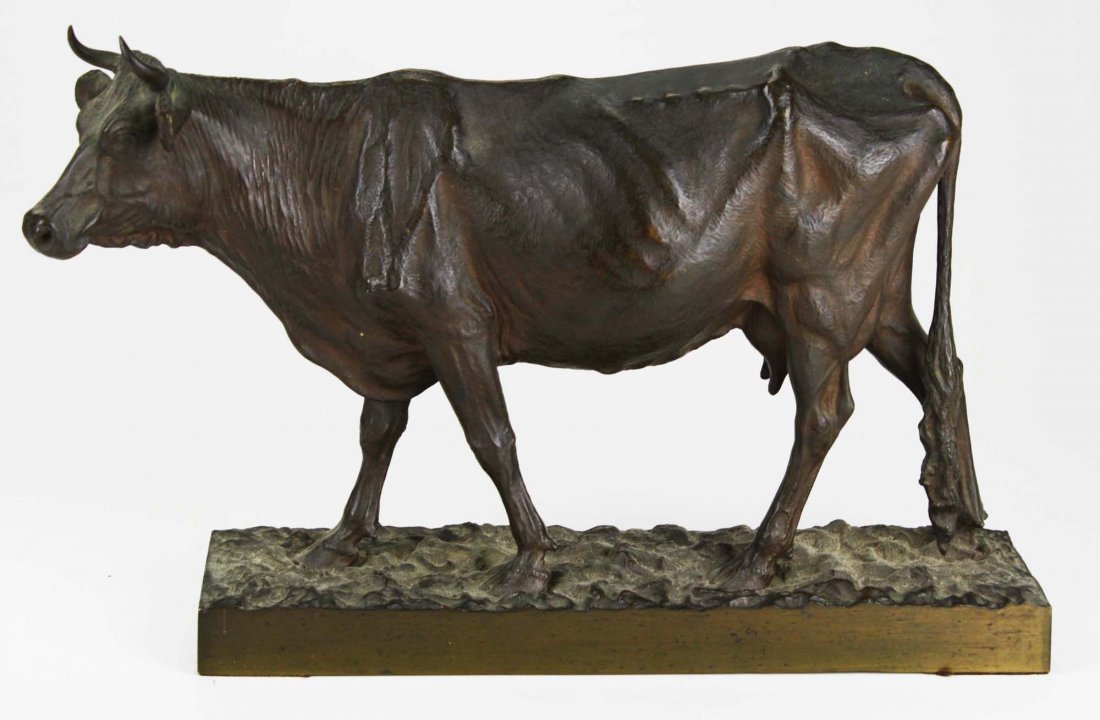early 20th c bronze sculpture of a cow signed H K K B: early 20th c bronze sculpture of a cow signed H K K B (Henry Kirke Bush- Brown 1857-1935), 9.5” x 15”