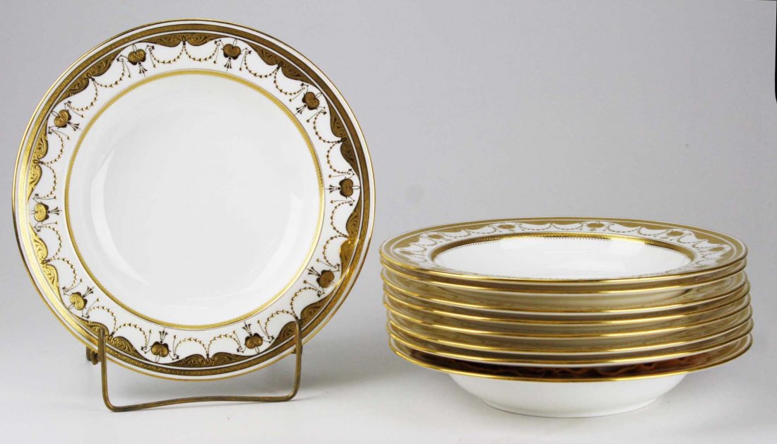 set of 9 Minton embossed and raised gilt enamel: set of 9 Minton embossed and raised gilt enamel porcelain soup bowls 9.5" dia