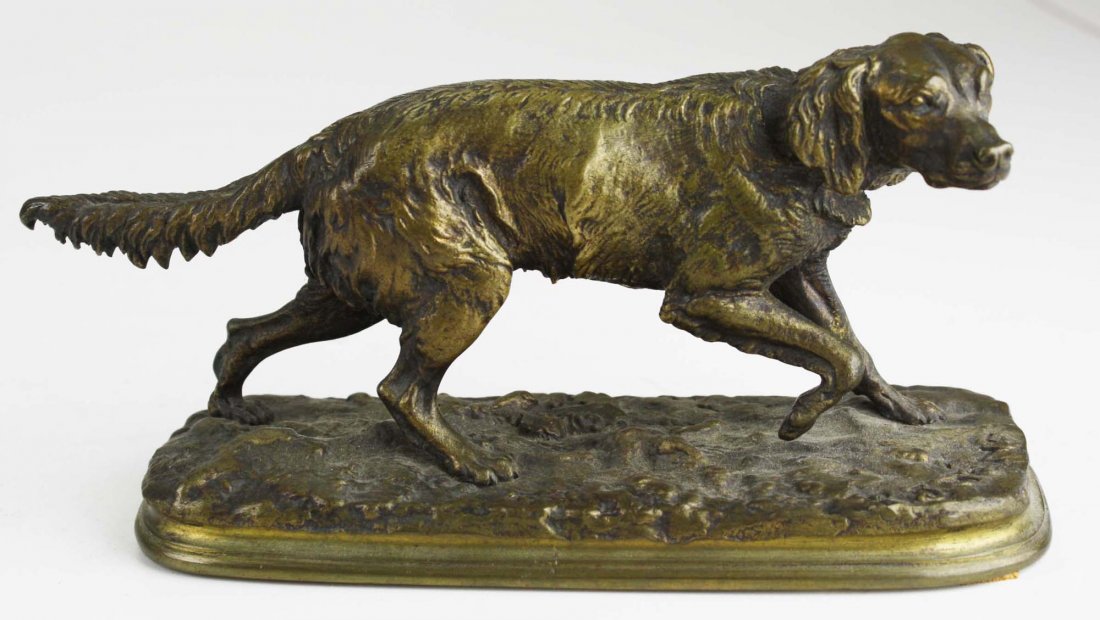 late 19th c bronze of a French spaniel signed P J Mene: late 19th c bronze of a French spaniel signed P J Mene (Pierre Jules Mene French 1800- 1879), length 9”