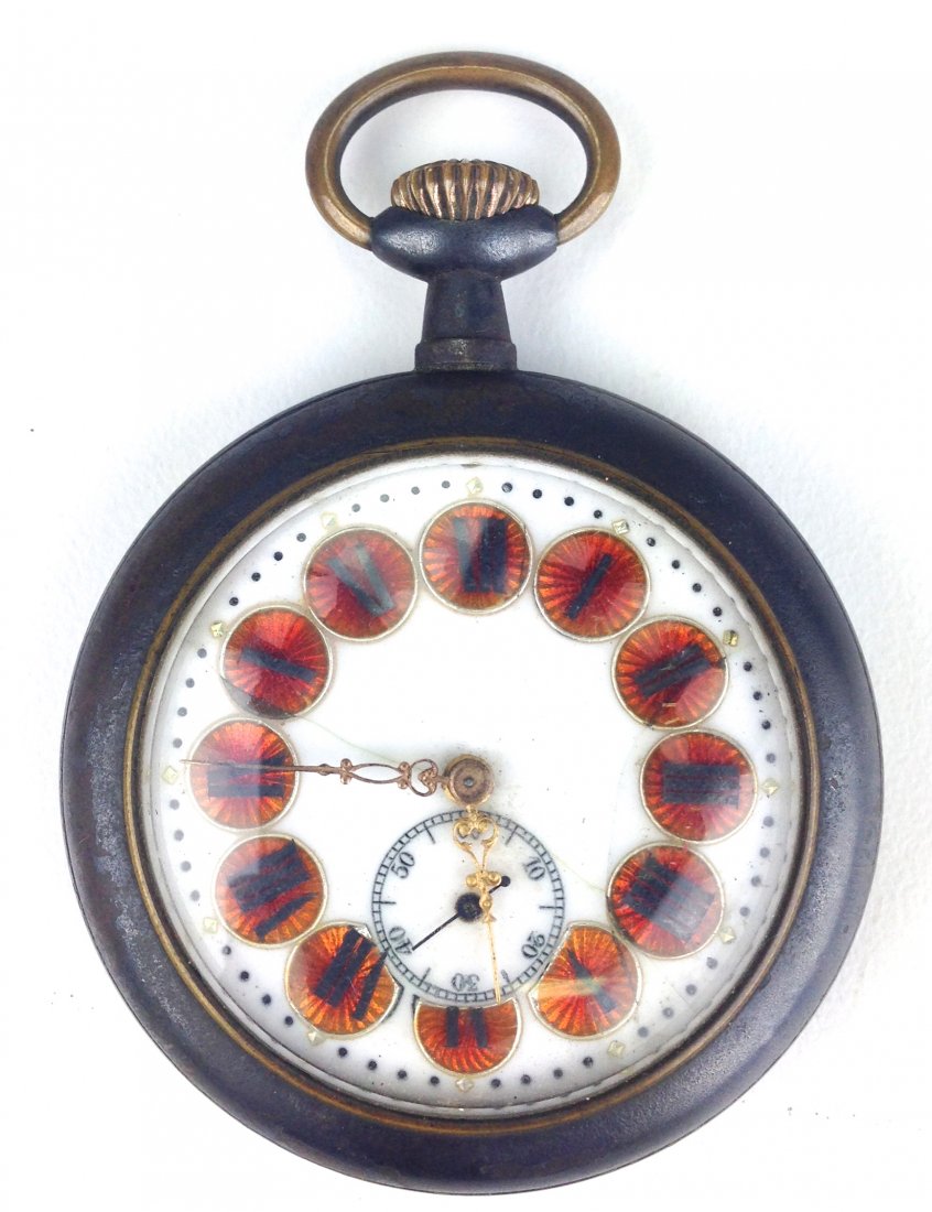 Brevet female nude enamel roman numeral open face: Brevet female nude enamel roman numeral open face pocket watch. Second hand. Not running, age checks to face. Ser. # 24340 2" dia