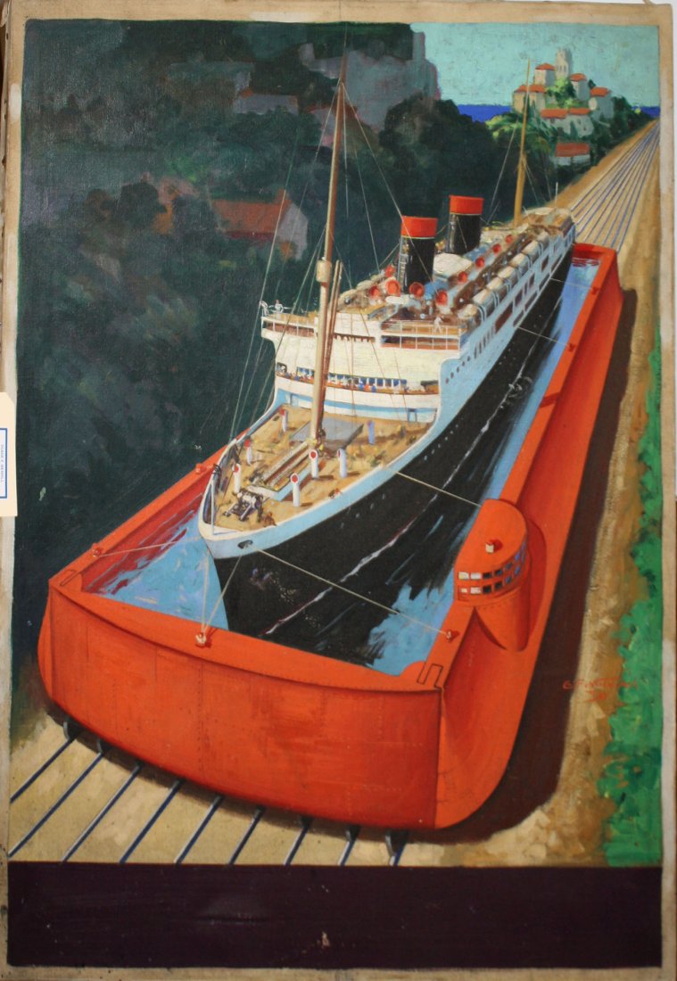 Edgar Franklin Wittmack (American 1894-1956) Popular: Edgar Franklin Wittmack (American 1894-1956) Popular Science November 1932 cover- Featuring Oceanliner portaging in giant train 35 x 26" o/c signed right side dated reverse