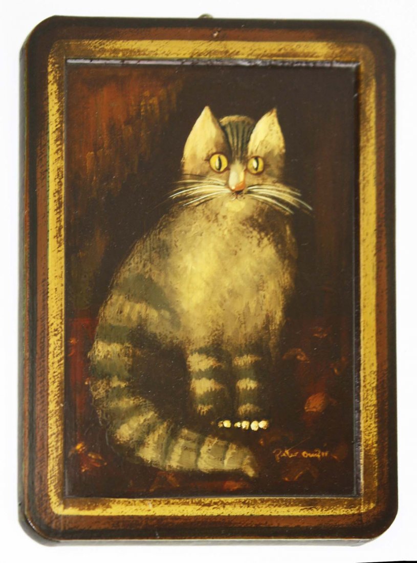 charming Peter Ompir (1904- 1979) painting of a cat on: charming Peter Ompir (1904- 1979) painting of a cat on an old school chalk board, painted by the artist for the consignor's mother, 11” x 8.5”,