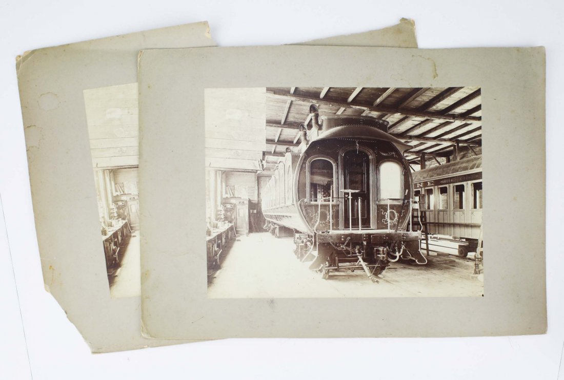 two late 19th c cabinet photos including 2 of Henry: two late 19th c cabinet photos including 2 of Henry Perky's famous cylindrical rail car (Byron Atkinson's private car), 7.5” x 9.5” image size, descending from Henry Drushel Perky (1843-1906 inven
