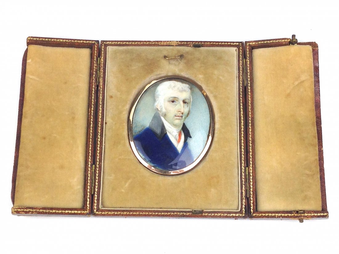 18th c. miniature oil portrait of elderly gentleman in: 18th c. miniature oil portrait of elderly gentleman in blue coat signed 'Cosway' (Richard Cosway 1742-1821) having gold frame, back with pin, filagree gold 'D' mongram, hair woven inset =, in fitted t