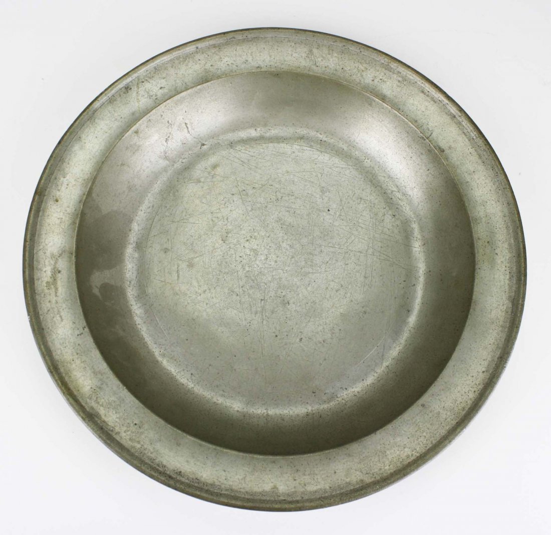 18th c American pewter charger with touchmark for: 18th c American pewter charger with touchmark for Thomas Danforth (Thomas Danforth III- Middletown, CT 1775-1782), dia 13”, small dents, scratch marks