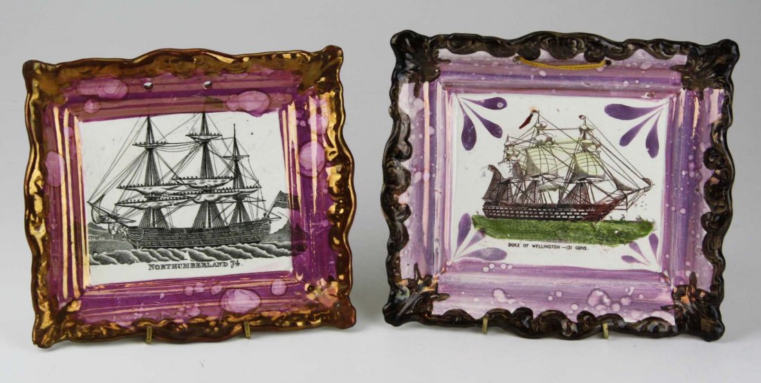 Two Sunderland pink lustre mid-19th c. pottery wall: Two Sunderland pink lustre mid-19th c. pottery wall plaques with transfer decoration of ships Northumberland by Dixon Co. and Duke of Wellington 7.5" x 8.5", 8" x 9" -later has rim chip
