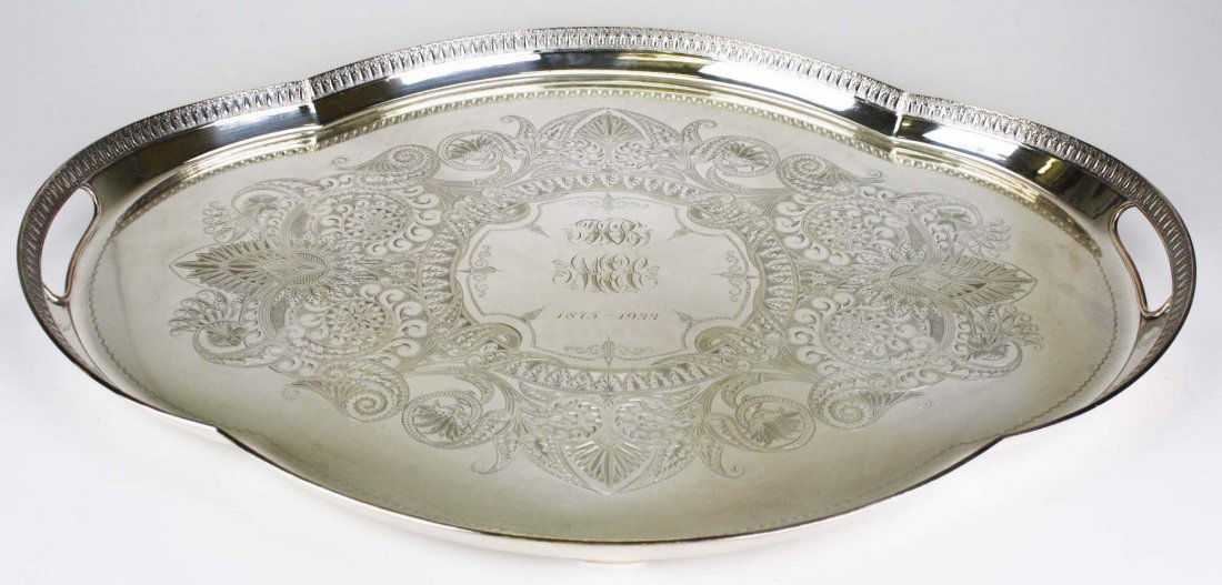 Elaborate engraved Aesthetic Gorham Mfg. Co 26": Elaborate engraved Aesthetic Gorham Mfg. Co 26" silver-plated tray. Monogrammed JCB MEC 1875-1933. Marked.