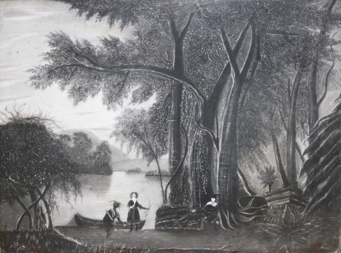 mid to late 19th c sandpaper picture of Indians with a: mid to late 19th c sandpaper picture of Indians with a canoe in the primordial forest, 17.5” x 22.5”