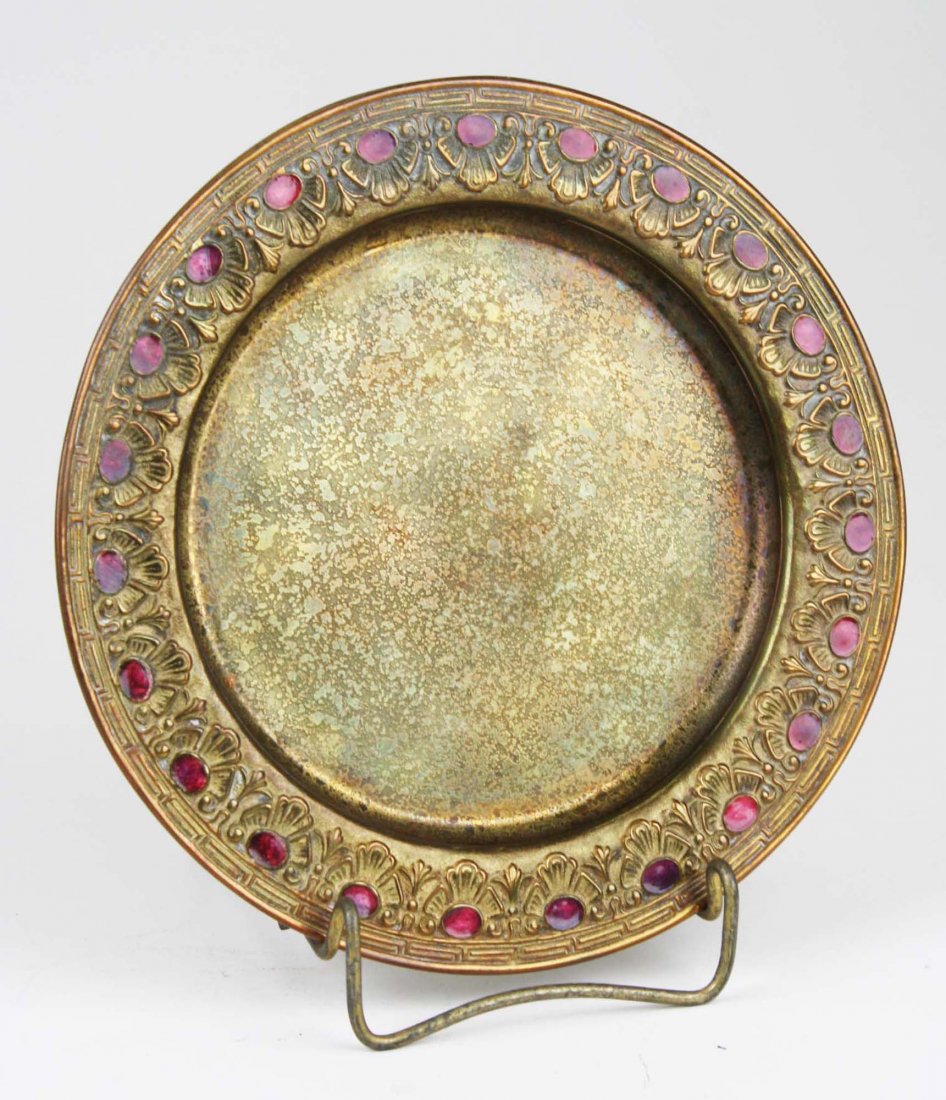 early 20th c Tiffany Studios, NY gold dore & red enamel: early 20th c Tiffany Studios, NY gold dore & red enamel bronze plate, dia 8 1/4”, some worn areas around outer edges