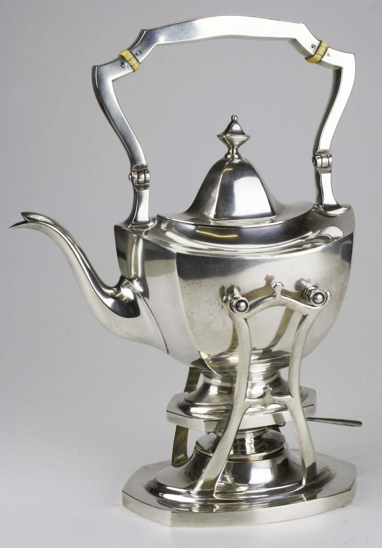 Watson Co (Attleboro, Mass) 3 pint sterling silver hot: Watson Co (Attleboro, Mass) 3 pint sterling silver hot water pot with stand and burner. Monogrammed MKD. Approximately 41.9 troy oz.