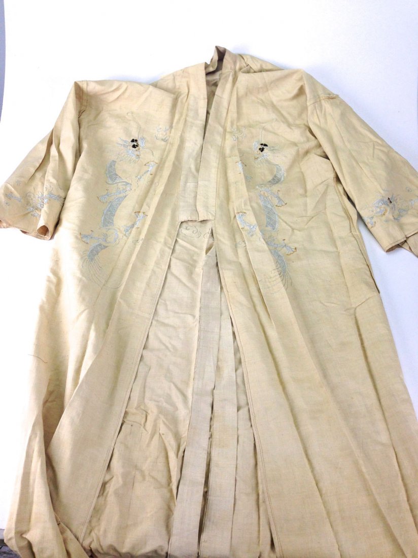 Chinese ca. 1900 linen robe or under robe with white: Chinese ca. 1900 linen robe or under robe with white silk 5 toe face dragon back, with other dragons, machine and hand stitched 64" L.