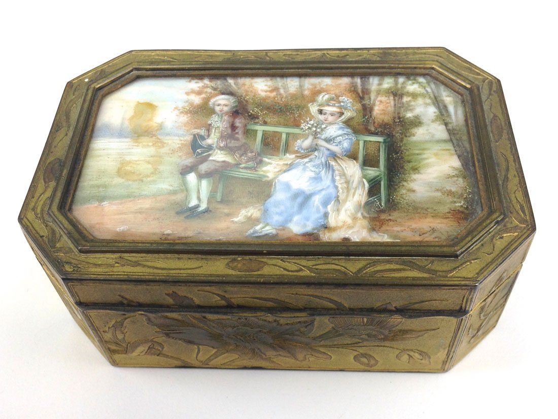 20th c. fine gilt brass rectangular box with French: 20th c. fine gilt brass rectangular box with French romantic oil panel courting scene under glass of couple on bench by river 4.5" x 3" x 1.5" panel signed