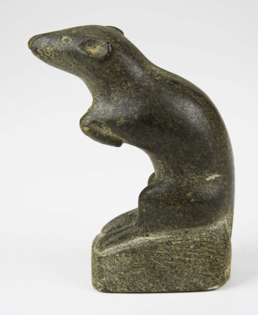 mid 20th c Inuit soapstone mouse carving signed David,: mid 20th c Inuit soapstone mouse carving signed David, # 27691, older Centrale d'Artisant du Quebec Montreal Canada sticker, ht 4.5”