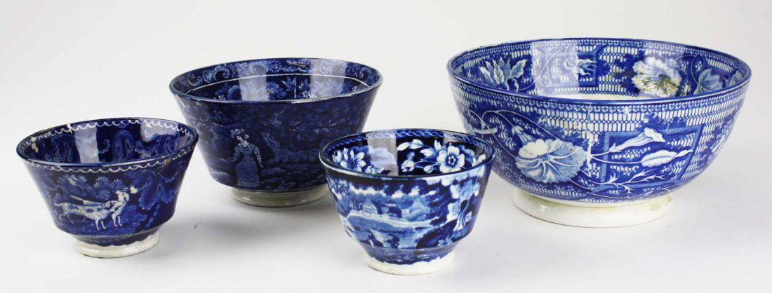 Two early 19th c. deep blue Staffordshire transferware: Two early 19th c. deep blue Staffordshire transferware porcelain bowls, and two cups, dia 7.5", 5.5", 4" -1 cup w/crack