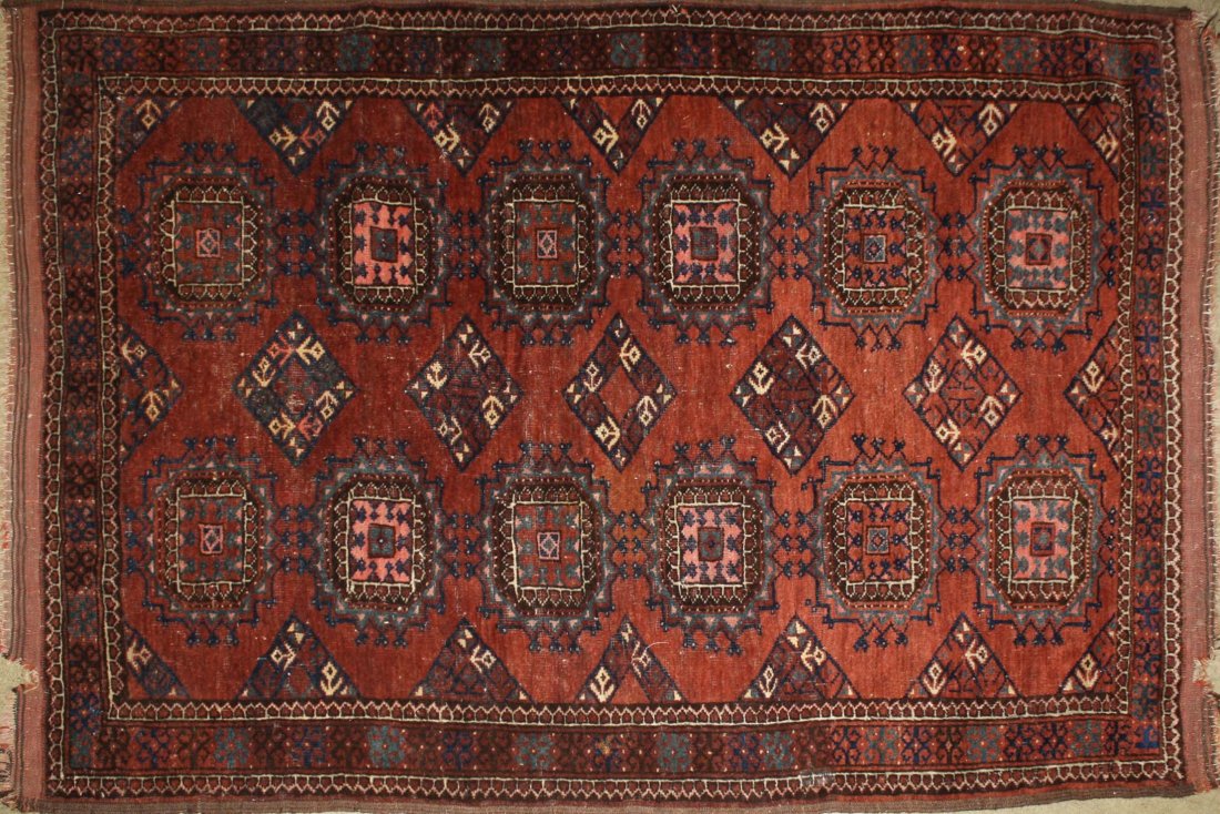 early 20th c Tekke Salor area rug with two rows of six: early 20th c Tekke Salor area rug with two rows of six guls each, 3' 4” x 4' 9”