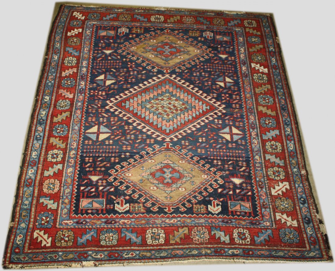 early 20th c Caucasian 3 medallion area rug with ziggy (1 of 3)
