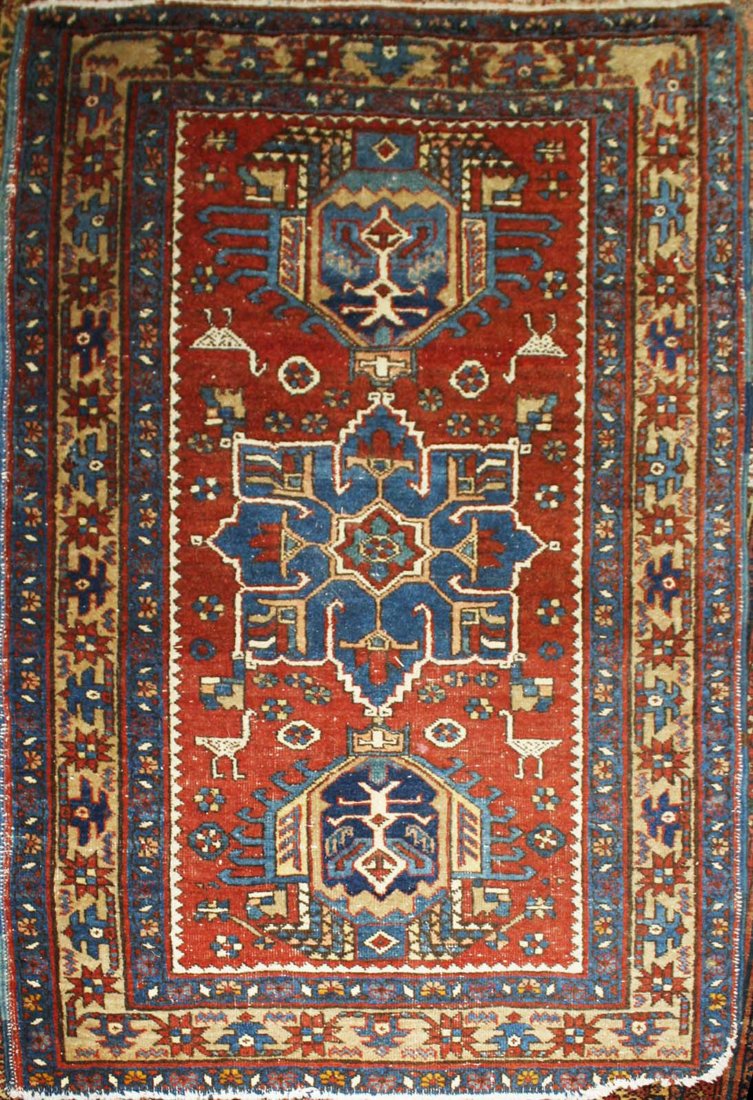 early 20th c Persian 3 medallion area rug with birds, (1 of 4)