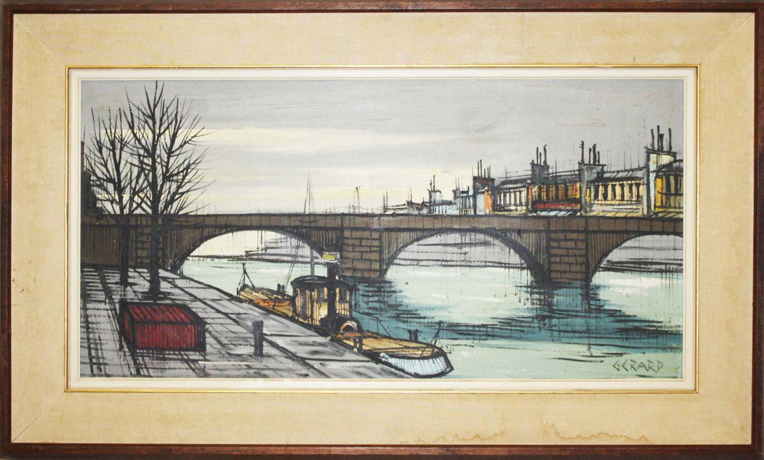 Jonas Gerard (Morroco 1941-) Bridge on the Seinne o/c: Jonas Gerard (Morroco 1941-) Bridge on the Seinne o/c 16 x 32"