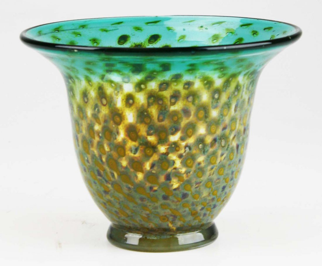 Murano glass footed vase with varigated aqua and amber (1 of 7)