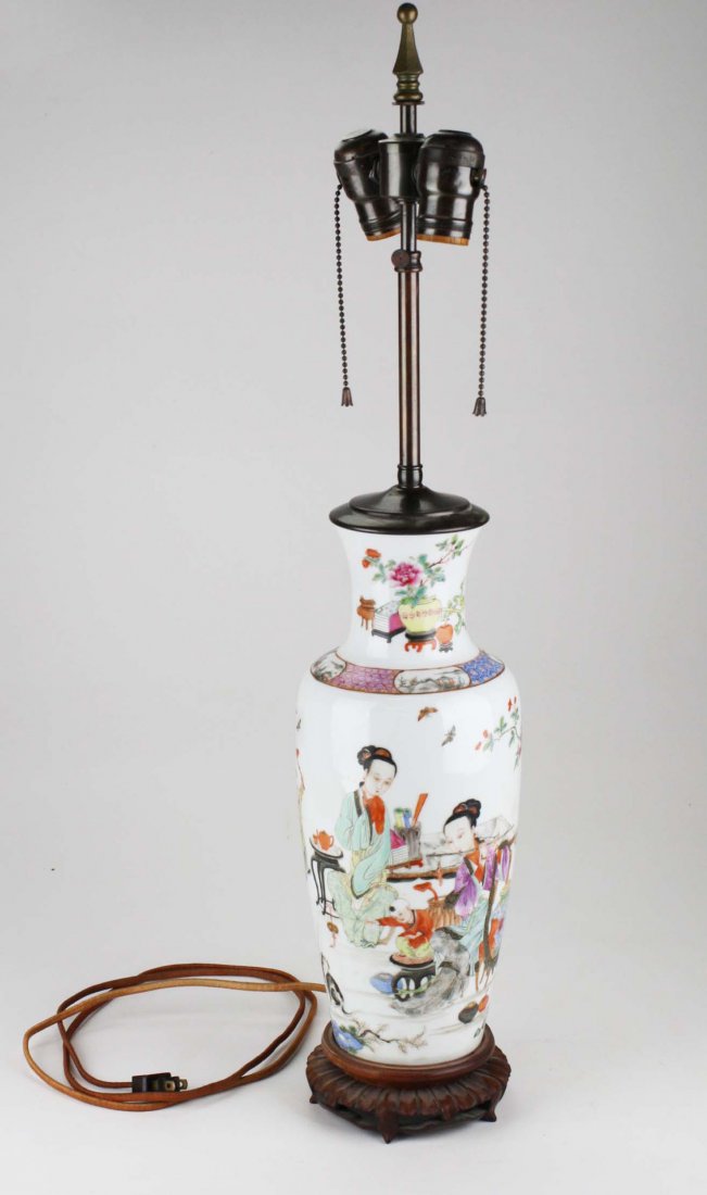 20th c Chinese vase/ lamp with enamel decorated scene (1 of 4)