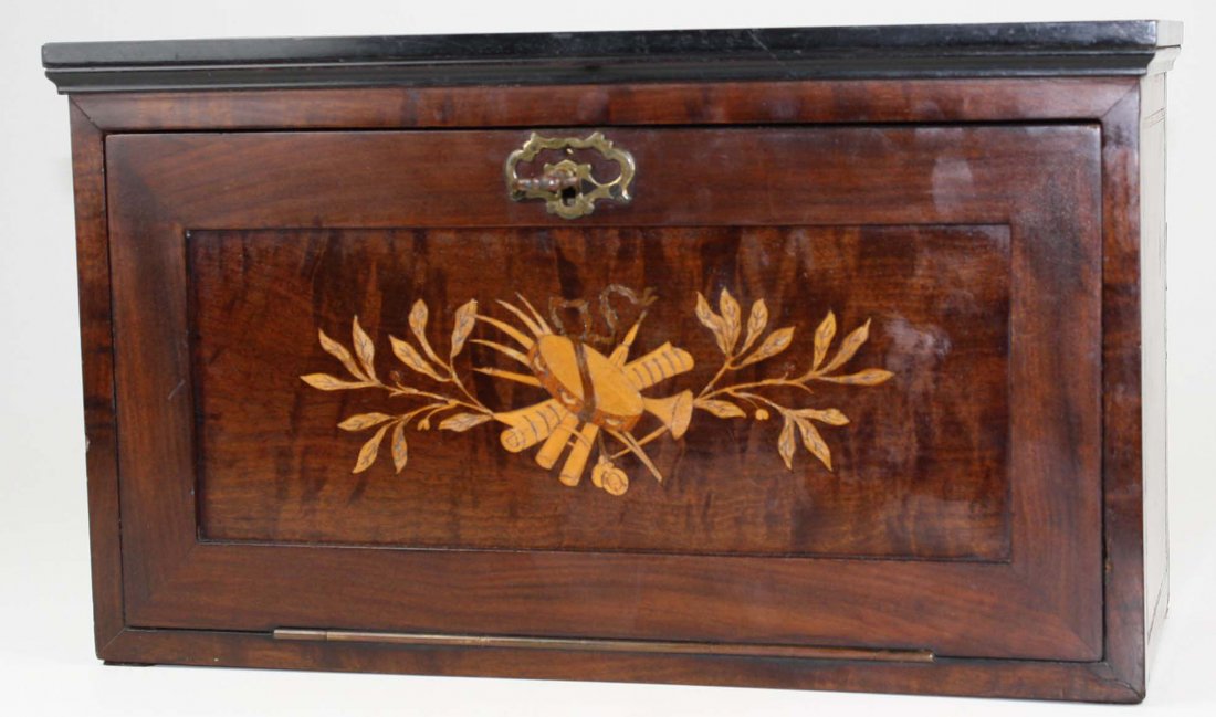 early 20th c parquetry inlaid drop front box, interior (1 of 4)