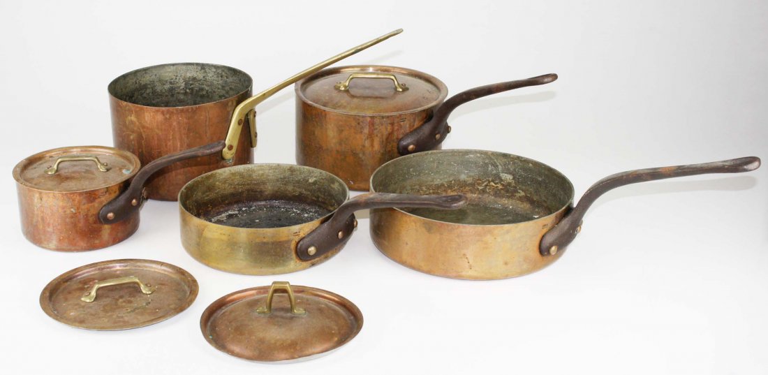 5 pcs of old copper & brass cookware, dias 5.5” - 9.5” (1 of 1)
