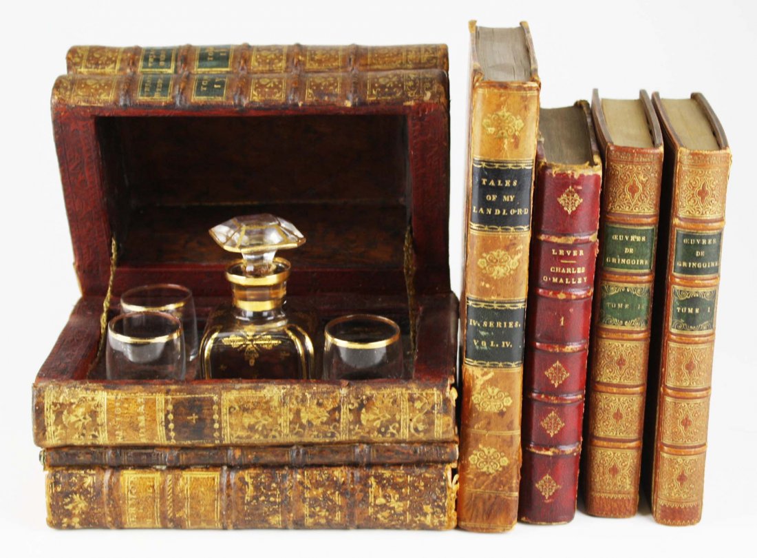 4 leather bound books & hidden decanter/ tantalus set, (1 of 6)