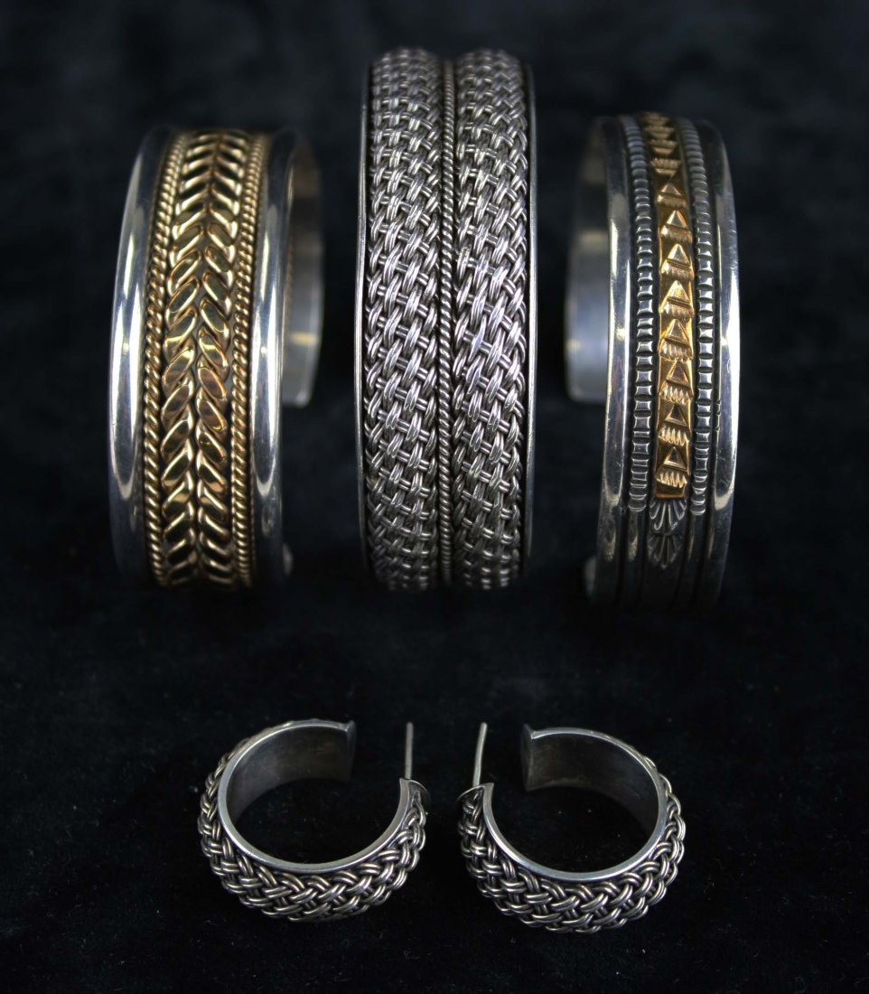 Contemporary Navajo sterling silver cuff bracelets &: Contemporary Navajo sterling silver cuff bracelets & earrings, cuff signed Jake, cuff signed Rick Enriquez