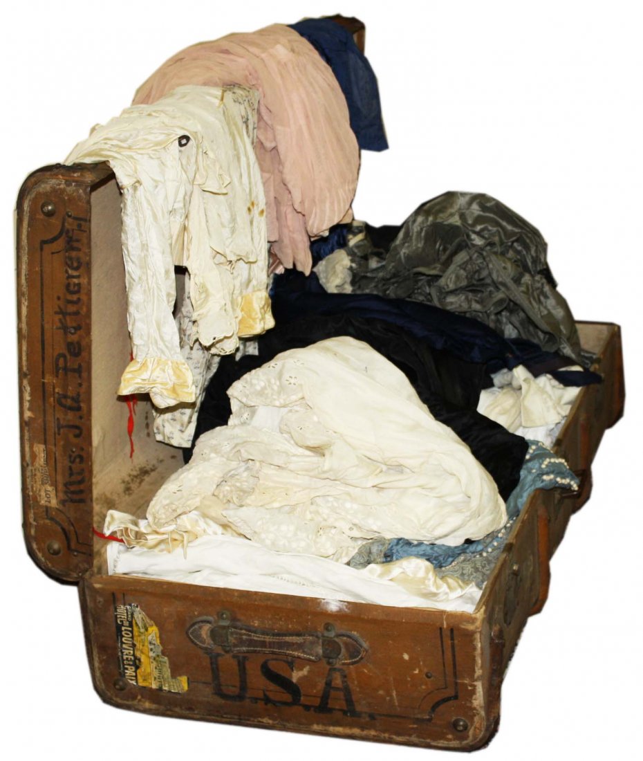 Victorian clothing including 2 pc satin jacket & skirt, (1 of 8)