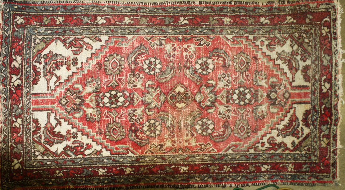 early 20th c Persian area rug, some wear, 2' 1” x 4' (1 of 2)