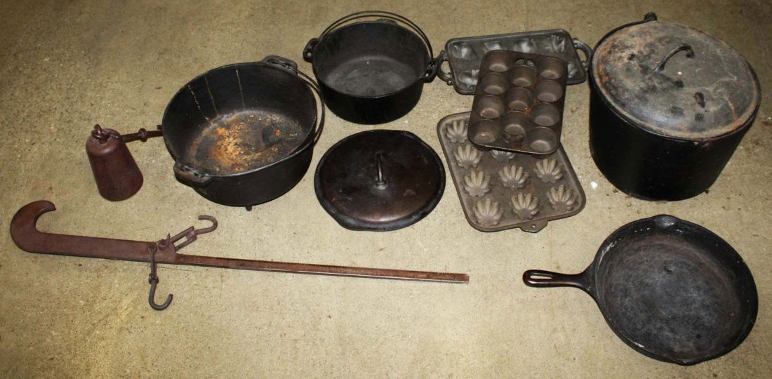 late 19th- 20th c cast iron cookware & stillyard- 8 pcs (1 of 4)
