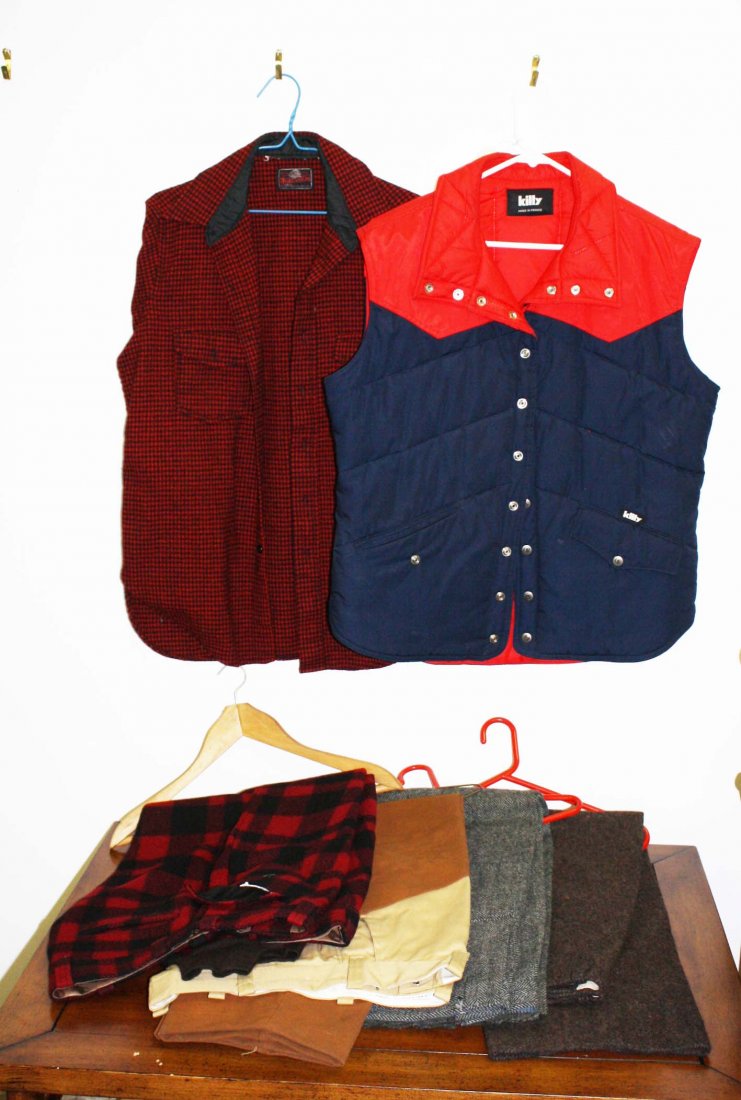 Lot of Men's vintage hunting clothes woolen pants,: Lot of Men's vintage hunting clothes woolen pants, canvas and leather safari pants, Killy ski vest etc.