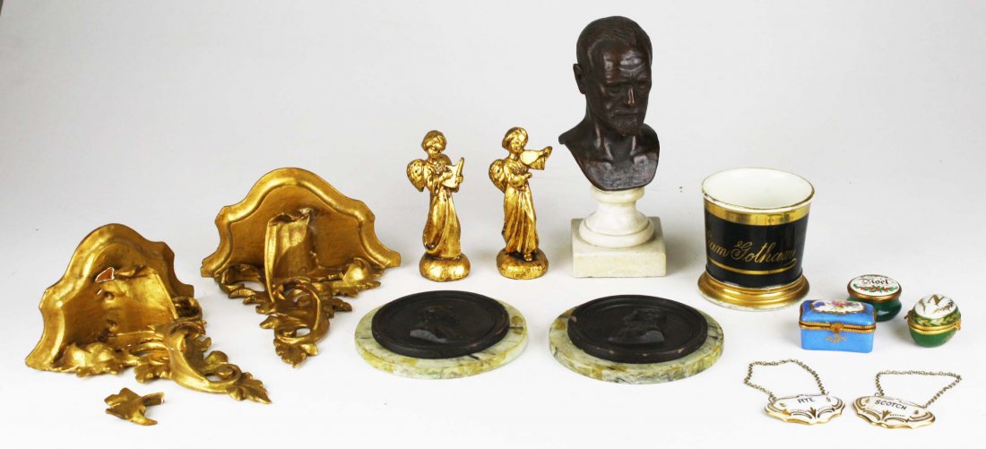 gilt wooden shelves, Limoges boxes, shaving mug, etc.- (1 of 2)