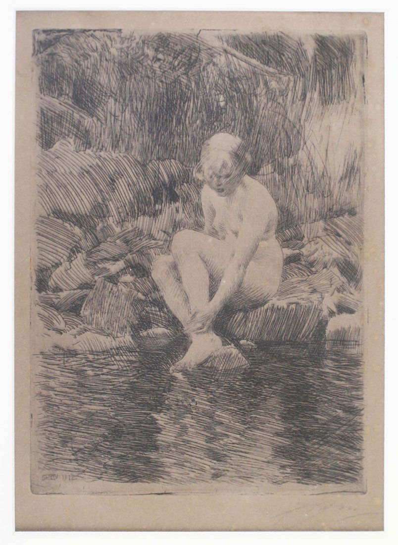 ca 1900 Anders Zorn (Swedish 1860- 1920) Dagmar- nude: ca 1900 Anders Zorn (Swedish 1860- 1920) Dagmar- nude by water, pencil signed etching printed with plate tone, sight 10.75 by 7.75 inches