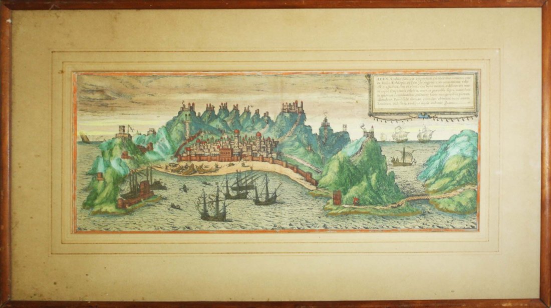 1598 Aden, Arabia foelicis emporium celeberrimi: 1598 Aden, Arabia foelicis emporium celeberrimi nominis- hand colored bird's eye view of the port of Aden, 7.5 by 18.75 inches