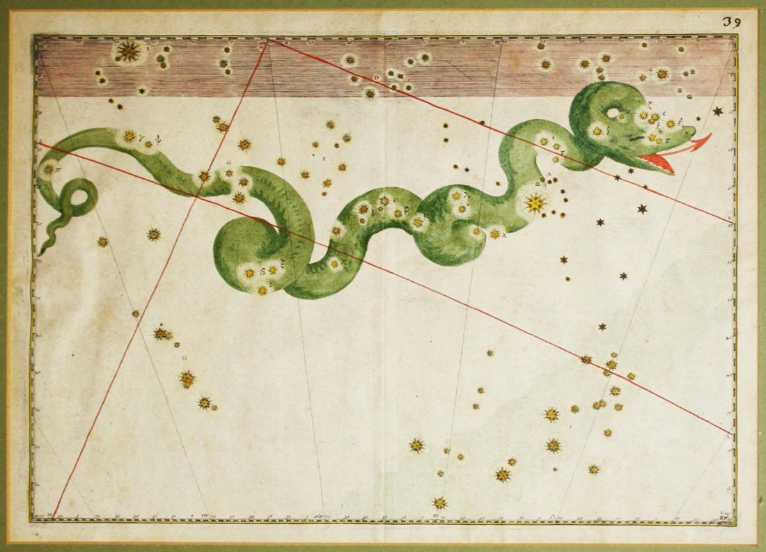 1603 Hydra from Johann Bayer's Celestial Atlas: 1603 Hydra from Johann Bayer's Celestial Atlas Uranometria, hand colored print, 15.75 by 12 inches, overall good condition