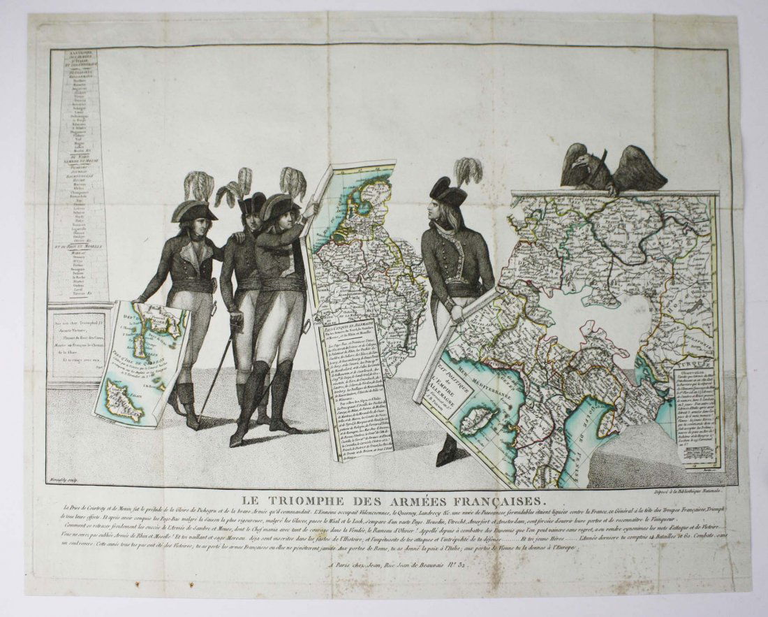 1797 Le Triomphe Des Armees Francaises hand colored: 1797 Le Triomphe Des Armees Francaises hand colored engraving with maps & soldiers, 14.25 by 18 inches