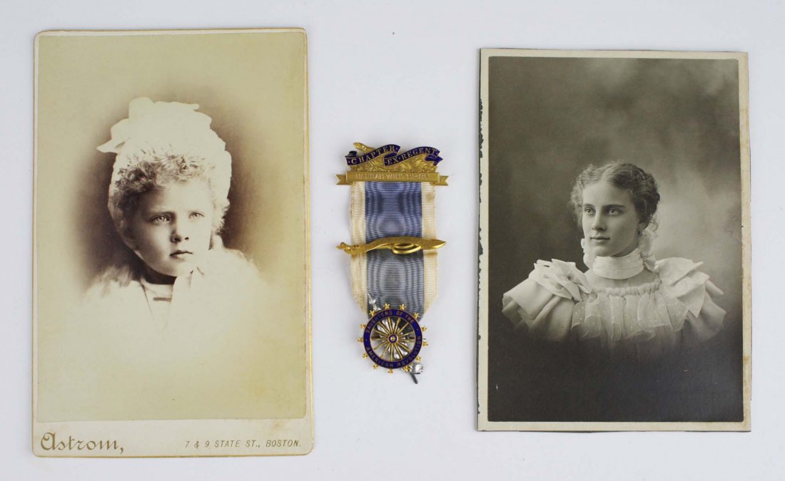 early 20th c D.A.R. ribbon with 14k gold top- Hannah: early 20th c D.A.R. ribbon with 14k gold top- Hannah Winthrop Chapter Ex- Regent, engraved Ethel Taylor Whittemore- with Sergt Hiat Young center bar and DAR spoked emblem, sold with two cabinet photos
