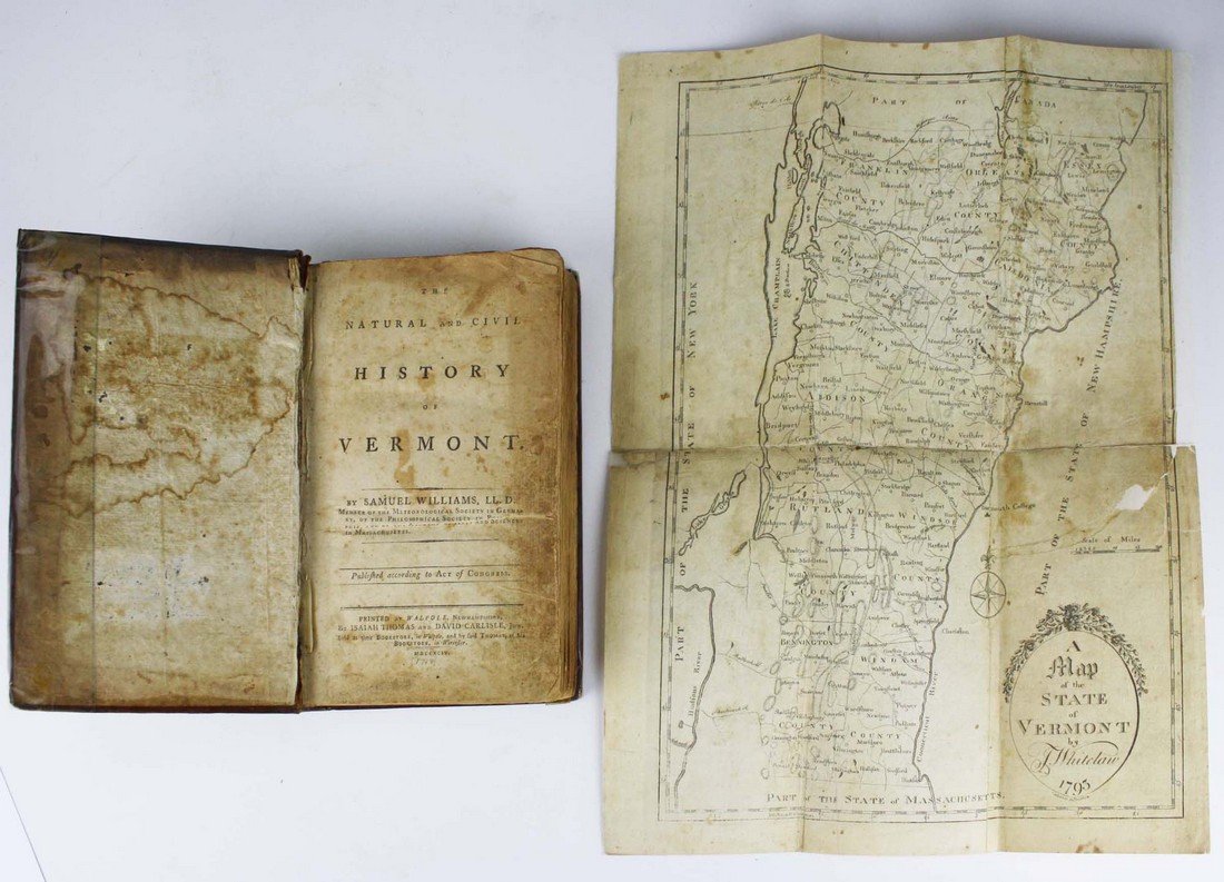 1794 Samuel Williams The Natural & Civil History of: 1794 Samuel Williams The Natural & Civil History of Vermont, with folding map, map loose, some losses, backed with Beva