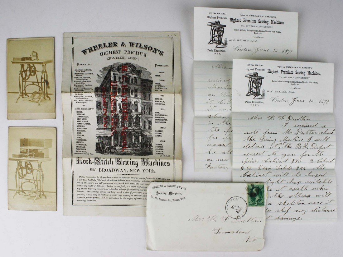 2 ca 1873 Wheeler & Wilson sewing machine advertising: 2 ca 1873 Wheeler & Wilson sewing machine advertising cdv's, 2 handwritten letters postal cover, & flyer (cut)