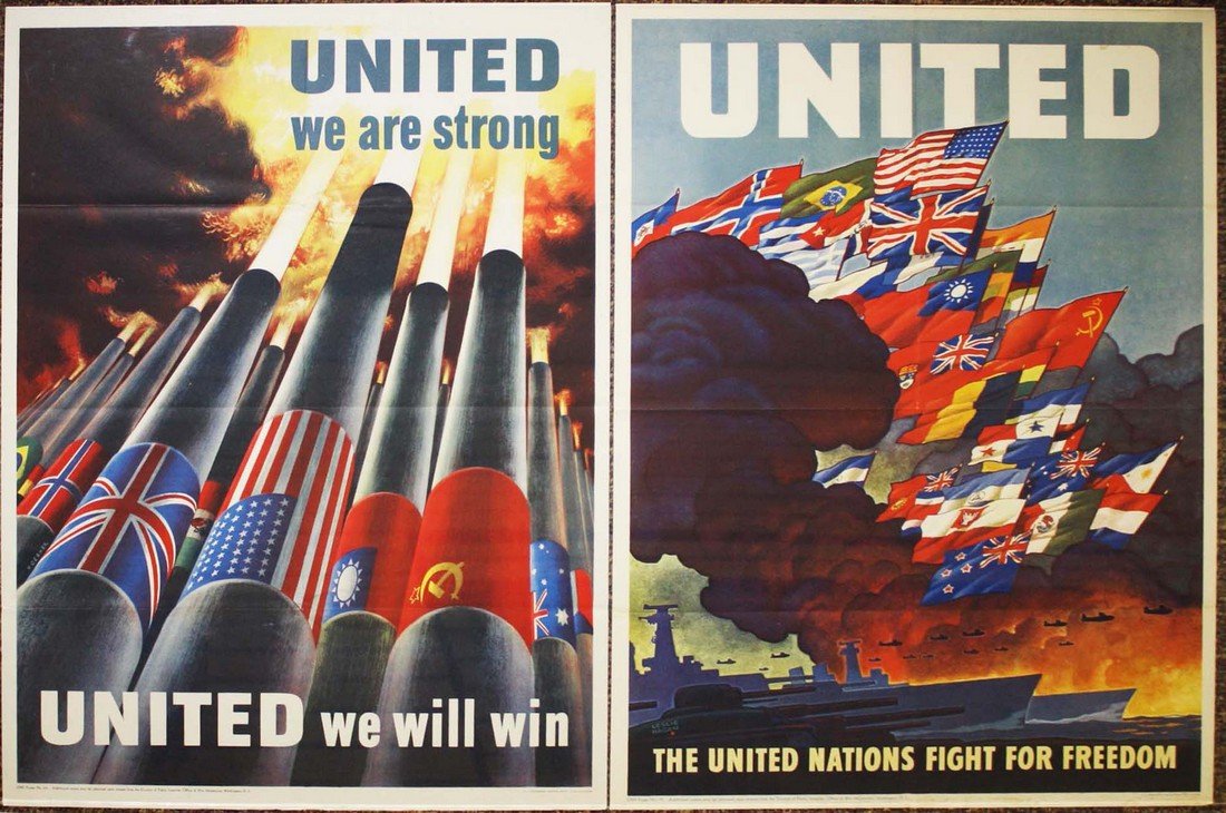 2 1943 US Office of War Information posters, United We: 2 1943 US Office of War Information posters, United We Are Strong, United Nations Fight For Freedom, folds as issued, 28 by 20 inches